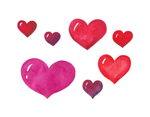 Heart icons watercolor illustration set. Red and violet color. Valentine's day.