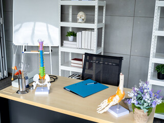 Orthopedic doctor office background decorated with folder file document, tools and medical...