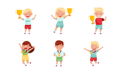 Cute Little Boy and Girl with Gold Medal and Cup as Achievement Award Vector Set