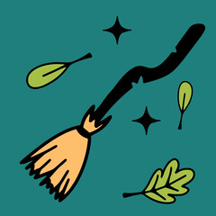 broom and leaves, halloween doodle clipart vector