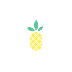 Pineapple or ananas with leaves. Flat cartoon icon isolated on white. Tropical fruit. Summer sign. Lemonade symbol. Fresh, diet, vitamin symbol.