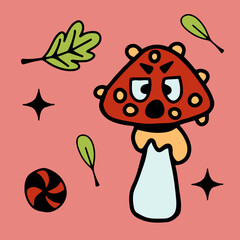 fly agaric mushroom with face, leaves, sweets, halloween doodle clipart vector