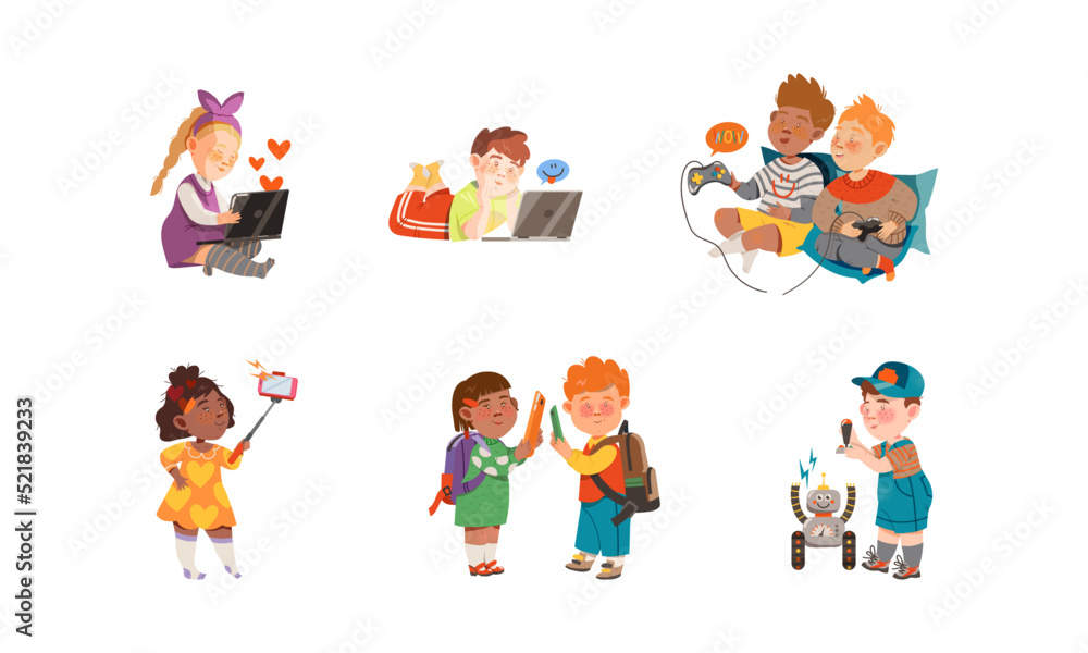 Poster kid characters using gadgets like smartphone, tablet pc and gamepad vector set