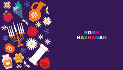 Fototapeta na wymiar Rosh hashanah , Shana Tova - jewish new year holiday banner template design. Pomegranate, honey, wine, menorah, candle, star David, apple, shofar, flower Vector flat icon illustration 