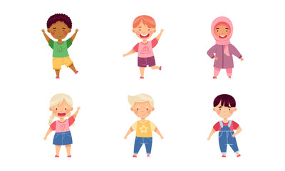 Smiling Multiethnic Boy and Girl Character Greeting Waving Hands and Standing Vector Set