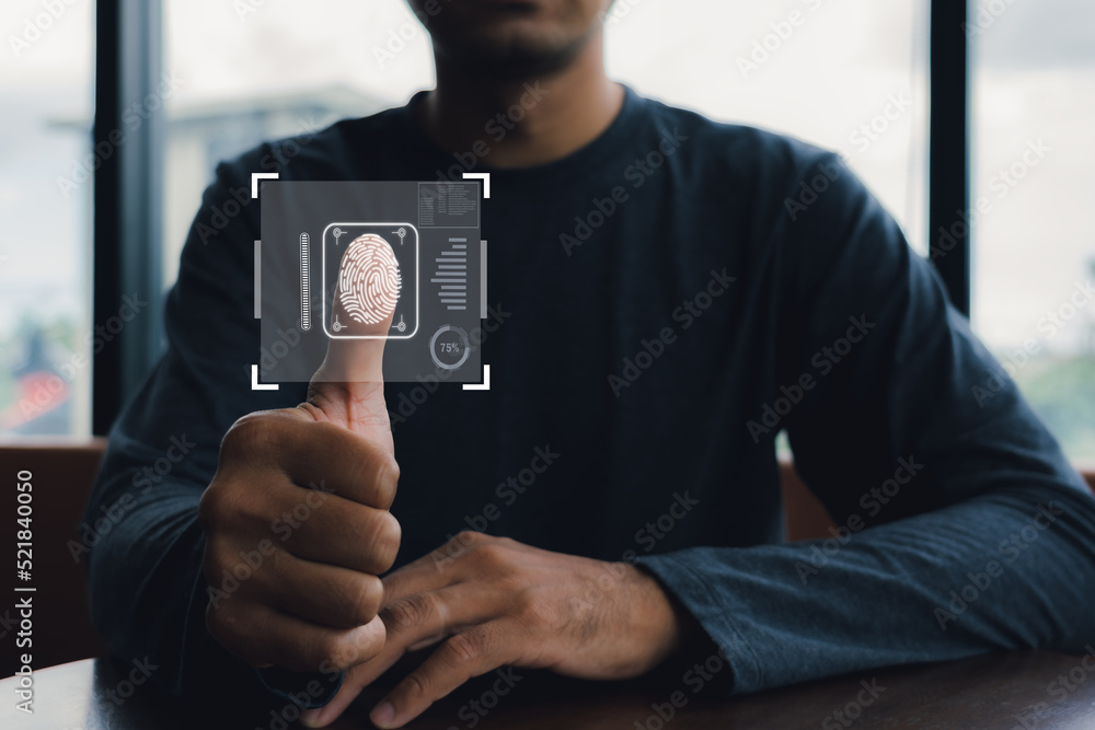 Poster Cyber security fingerprint verification scanning concept. User login information for access granted authentication sign in receive verifcation code, Futuristics innovation business technology.