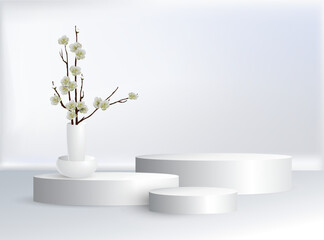 Product white round cosmetic podium, on of which there is a vase with a bouquet of blossoming apple tree (cherry, sakura) branches against the background of the same white wall. Vector illustration.