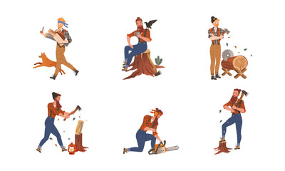 Bearded Woodman or Lumberman in Checkered Shirt and Sling Pants with Felling Ax Chopping and Sawing Wood Vector Set