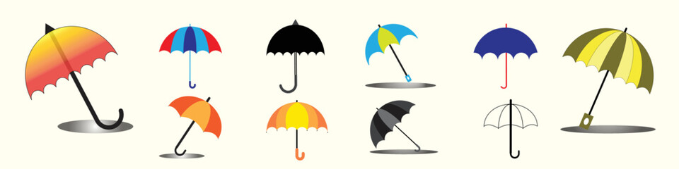 Set of umbrellas, Vector drawing, Umbrella isolated, Umbrella icon set. Vector illustration, For web design, mobile applications, Folded umbrella, Flat design, Black Opened Umbrella, rain illustration