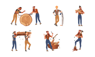 Bearded Woodman or Lumberman in Checkered Shirt and Sling Pants with Felling Ax Chopping and Sawing Wood Vector Set - obrazy, fototapety, plakaty