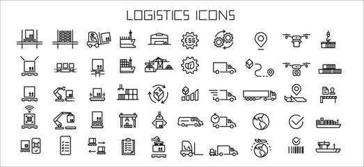 Naklejka na ściany i meble logistics icons, vector illustration line icons about logistics robotics and technology for supply chain