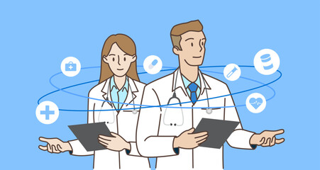 PrintMale and female doctor with technology healthcare and medicine icons. Healthcare and medical concepts. Hand draw style. Vector illustration.