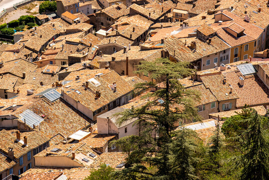 Aerial view of the clasic old clay roofs in Sisteron, France