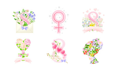 International Women's Day Holiday Attributes with Floral Composition Vector Set