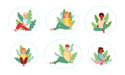 People Characters Sitting on the Ground with Floral Leaves Behind Vector Illustration Set
