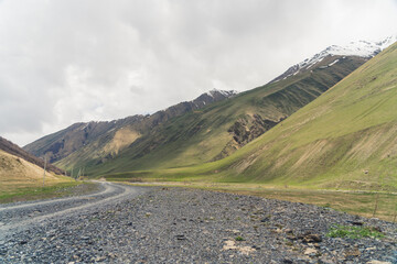 shot of the road from Georgia to Russia in the Caucasus mountains. High quality photo