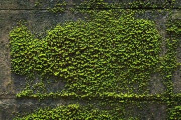 Green mos on brick wall texture, Green plant and mos growing on the brick wall