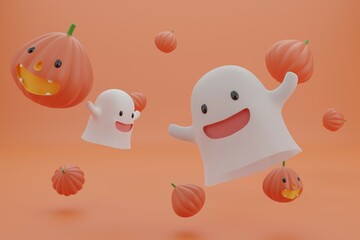 pumpkin horror holiday autumn spooky halloween jack o lantern illustration 3d render fun face spirit ghost cartoon death monster