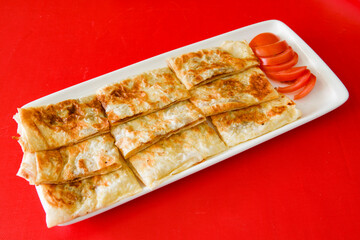 Kiymali pide. Turkish pide with minced meat. Turkish pizza mince pita Pide on white background. Etli ekmek. Kusbasi kasarli pide.