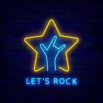 Lets rock neon signboard. Star shape and man hand in cool pose. Rock music festival. Light sign. Vector illustration