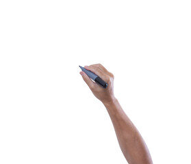 Hand with marker writing isolated on white background