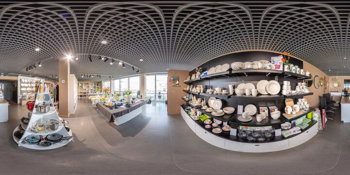 Full spherical seamless hdri panorama 360 degrees angle inside gift shop, tableware, flowers, goblets and mugs, boxes in equirectangular projection, VR AR content