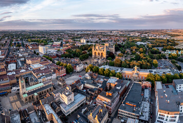 Fototapeta na wymiar Aerial cityscape skyline of Peterborough Cathedral and city centre
