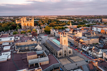 Fototapeta na wymiar Aerial cityscape skyline of Peterborough Cathedral and Guildhall church in city centre