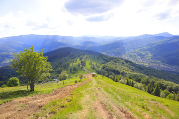 Fototapeta na wymiar Panorama of mountains from Mount Makovitsa in Yaremche, Ukraine 