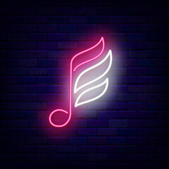 Abstract note with wings neon icon. Record studio logotype. Musical sign. Inspiration concept. Vector stock illustration