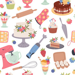 Confectionery seamless pattern. Cartoon desserts and sweet products, kitchen tools, creamy muffins, tasty cakes and pastries. Decor kitchen textile, wrapping paper. Tidy vector background