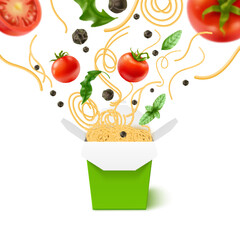 Flying noodles box. Realistic cardboard asian fast food container with pasta, tomatoes, basil and pepper, takeaway wok, blank packaging, 3d isolated elements falling, utter vector concept