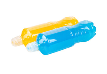 Two lying bottles of Isotonic drink for sports in blue and orange on a white background