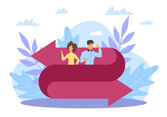 Making the right decision, career or relationship issue. Young man and woman couple with arrows different directions, choose between family and work, disagreement vector cartoon flatconcept