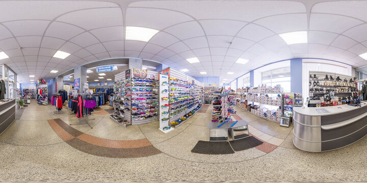 Full spherical seamless hdri panorama 360 degrees. Sports shop, sporting goods store with goods for tourism and sports
