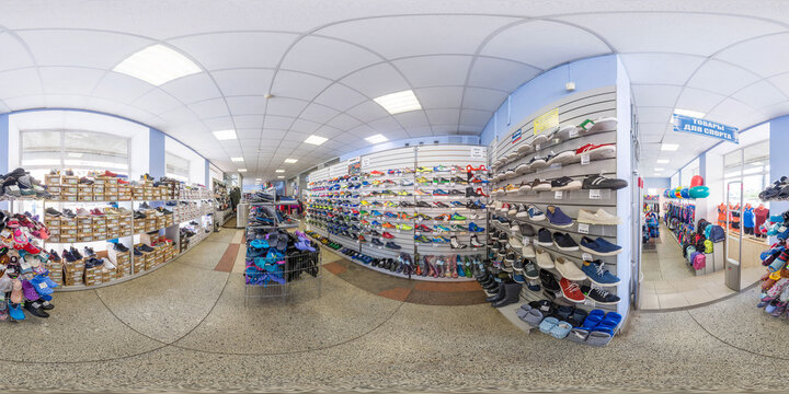 Full spherical seamless hdri panorama 360 degrees. Sports shop, sporting goods store with goods for tourism and sports