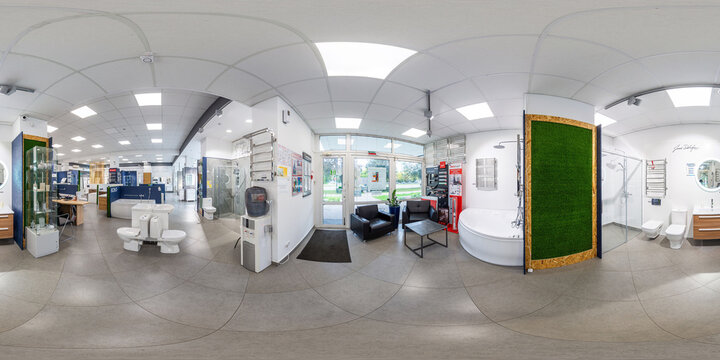 Full spherical seamless hdri panorama 360 degrees angle inside interior in shop showroom of elite plumbing and household goods in equirectangular projection, VR AR content. Sinks and bathtubs, toilets