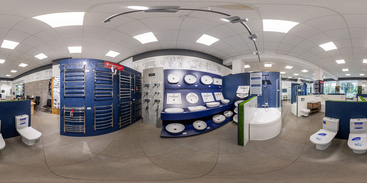 Full spherical seamless hdri panorama 360 degrees angle inside interior in shop showroom of elite plumbing and household goods in equirectangular projection, VR AR content. Sinks and bathtubs, toilets