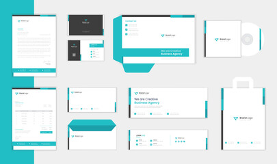 green Corporate stationery design template with creative business card, letterhead, invoice and envelope