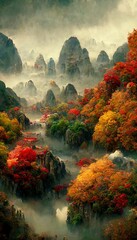 Obraz premium Chinese autumn landscape with autumn trees and majestic mountains. Season background. Digital art.