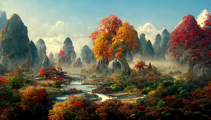 Naklejka na ściany i meble Chinese autumn landscape with autumn trees and majestic mountains. Season background. Digital art.