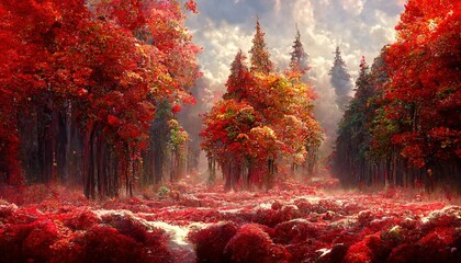 Fototapeta na wymiar Amazing bright red autumn landscape, idyllic and peaceful beautiful nature scenery. Digital art.