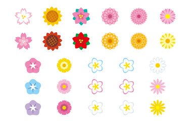 様々な季節のシンプルなお花のアイコンセット（桜、ひまわり、ポインセチア、コスモス、朝顔、マーガレット、プルメリア、ダリア）