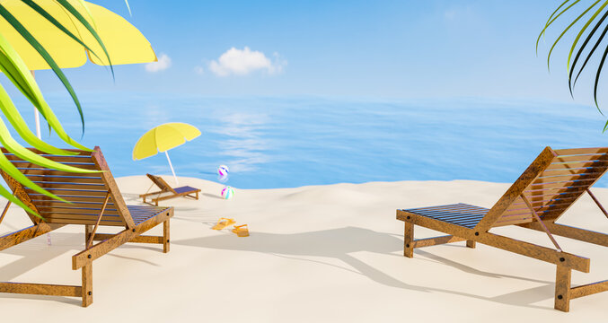 ralax time at the beautiful beach with blue sky, 3d illustration rendering