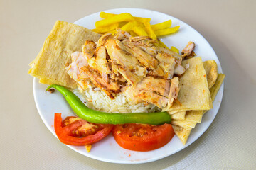 Traditional delicious Turkish food; Turkish style rice pilaf (Turkish name; Arpa sehriyeli. tavuklu, kuru fasulyeli, kavurmali pirinc pilavi)