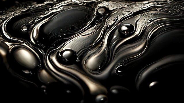 Black oil texture. Black paint 4k background, abstract black liquid with bubbles. Viscous black melted metal, 3d illustration, 3d render.
