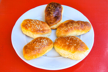 Turkish pastry product , tasty pogaca. Turkish Pastries; pogaca, borek, acma, ay coregi at patisserie showcase.