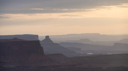 Scenic American Landscape and Red Rock Mountains in Desert Canyon. Spring Season. Canyonlands National Park. Utah, United States. Nature Background. Sunset