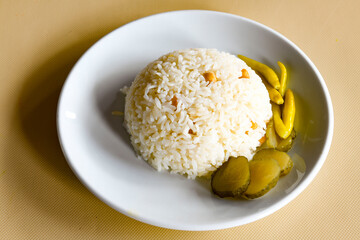 Traditional delicious Turkish food; Turkish style rice pilaf (Turkish name; Arpa sehriyeli. tavuklu, kuru fasulyeli, kavurmali pirinc pilavi)