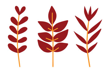 Autumn branches set isolated on a white background. Simple cartoon flat style, vector illustration.